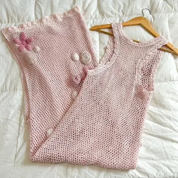 LoveShackFancy Shelburne Crochet Cotton Midi Dress Pink Floral EUC Medium